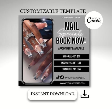 Please read all the following information before purchasing.  You may message me with additional questions or concerns.  Nail Flyer, Nail Special Flyer, Nail Bookings Flyer, Nail Tech Flyer, Appointment Flyer, Bookings Flyer, Social Media Flyer *MUST have a Canva account  No items will be shipped. Not a physical product No refunds or exchanges Nail Deals Flyer, Nail Flyers Templates, Nail Tech Flyer Ideas, Nail Flyer Ideas, Nail Calendar, Nail Special Flyer, Nail Tech Flyer, Nail Info, Tattoo Room