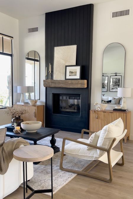 Matching Cabinets On Either Side Of Fireplace, Black Wall Fireplace, Black Fireplace Wall, Mantel Styling, Lounge Inspiration, Natural Interiors, Fireplace Redo, Panel Tv, Basement Office