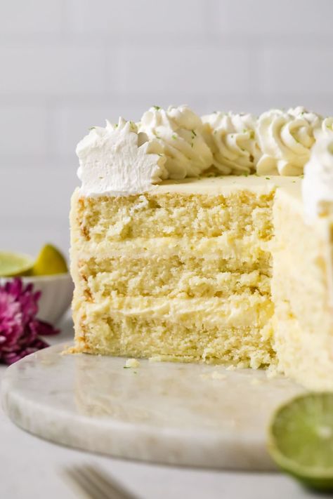 Key Lime Layer Cake, Key Lime Pie Cake, Key Lime Cake Recipe, Lime Frosting, Lime Cake Recipe, Layer Cake Filling, Key Lime Cake, Gf Cookies, A Slice Of Cake