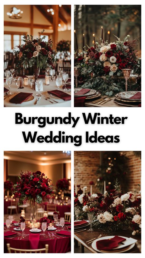 Elegant burgundy winter wedding setup with matching centerpieces, bouquets, and decor showcasing rich burgundy colors for a cozy winter celebration. Winter Wedding Ideas On A Budget, Burgundy And Champagne Wedding, New Years Wedding Ideas, Christmas Time Wedding, Burgundy Winter Wedding, Burgundy Color Palette, Barn Wedding Centerpieces, Winter Wedding Theme, Wedding Table Arrangements