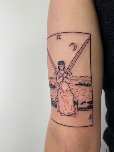 Two Of Swords Tattoo, Simple Tarot Card Tattoo, Two Of Swords, Traditional Tarot Cards, Tarot Card Tattoo, Tarot Tattoo, Swords Tarot, Card Tattoo, Rib Tattoo