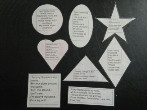 I made these shapes flash cards in Microsoft word. I had colored the other side with crayons after I printed them then I laminated them. I had found the rhymes on a preschool website, I can't remember which one but here they are: HEART: Harry heart is my name The shape I make is my fame With a point on the bottom And two humps on top When it comes to love I just can't stop. RECTANGLE: Ricky rectangle is my name My four sides are not the same Two are short and two are long Count my sides, come along (1, 2, 3, 4). SQUARE: Sammy square is my name My four sides are just the same Turn me round, I don't care I'm always the same, I'm a square! TRIANGLE: Tommy triangle is the name for me Count my sides, there's 1, 2, 3. DIAMOND: I am Danny diamond I am like a kite But I am really just a square Whose corners are pulled tight. STAR: Shelby star is my name Shining brightly is my game With 5 sparkly points and lots of sides too With wishes I make dreams come true. CIRCLE: I am Cindy circle Watch me turn round and round And you will learn I'm not straight and I don't bend My outside edges never end. OVAL: Opal oval is my name The circle and I are not the same The circle is round, as round can be I am shaped like an egg as you can see Ricky Rectangle Shape Poem, Circle Watch, Daycare Projects, Preschool Shapes, Shape Poems, Toddler Teacher, Preschool Circle Time, Preschool Alphabet, Teaching Shapes