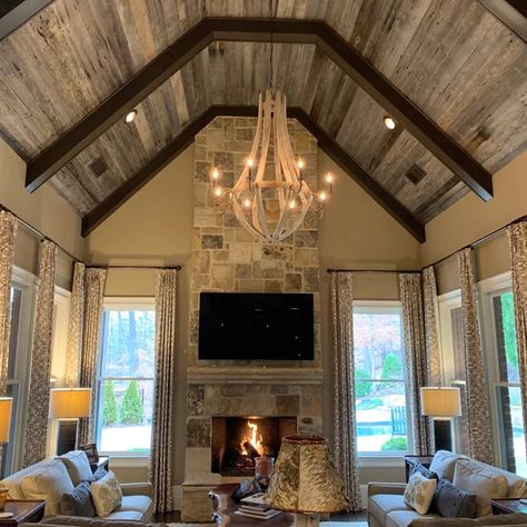 Vaulted Ceiling With Flat Peak, Barn Wood Ceiling, Oak Paneling, Oak Beams, Oak Panels, Ceiling Installation, Coastal Living Room, Exposed Beams, Oak Hardwood