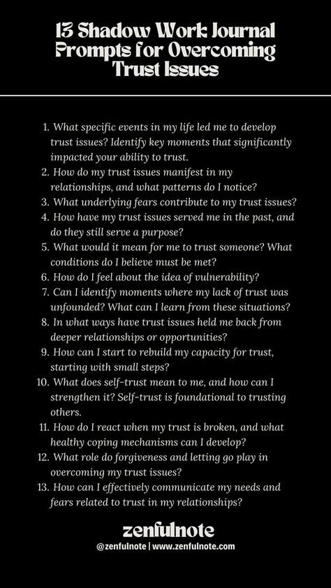 Shadow work aimed at exploring and healing trust issues can help you delve into the roots of these challenges, offering insights into your fears, past experiences, and the steps you can take towards healing and building healthier relationships. Engaging with these questions requires courage and an open heart. Remember, healing trust issues is a process that takes time. Relationship Trust Issues, Trust Issues Quotes, Shadow Work Journal Prompts, Work Journal Prompts, Shadow Work Spiritual, Shadow Work Journal, Journal Topics, Journal Questions, Healing Journaling