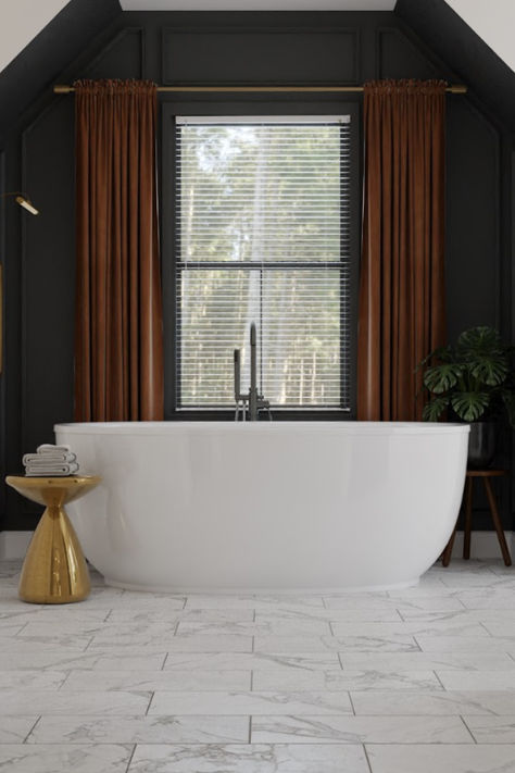 Freestanding white bathtub against dark walls, with rust-colored curtains, a brass accent table, and marble tile flooring. Bohemian Chic Bedroom, Colored Curtains, Marble Floor Tiles, Brass Accent Table, Charcoal Walls, Dark Color Palette, Wooden Wall Panels, Ideal Bathrooms, Marble Tile Floor