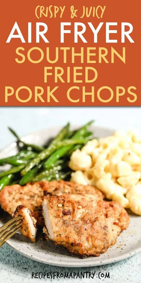 This recipe for Air Fryer Fried Pork Chops and Gravy is easy comfort food! These juicy Southern Fried Pork chops smothered in a delicious cream gravy are satisfying & really easy to make! Great for serving up as a casual weeknight dinners, family Sunday supper & southern tables. You can use Boneless pork chops or bone in chops.  Click through to get this awesome breaded fried pork chops recipe!! #southernfriedporkchops #porkchops #friedporkchopsandgravy #southernrecipes #pork #gravy #comfortfood Air Fryer Fried Pork Chops, Fried Pork Chops And Gravy, Southern Fried Pork Chops, Pork Chops Smothered, Air Fry Pork Chops, Fried Pork Chop Recipes, Dinners Family, Pan Fried Pork Chops, Pork Gravy