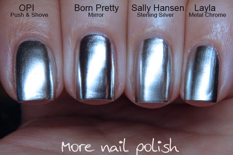 Silver chrome / mirror nail polish comparison ; 2/22/16 Opi Gel Chrome Nail Polish, Silver Nail Polish Ideas, Dark Silver Chrome Nails, Chrome Nail Polish Colors, Mirror Effect Nail Polish, Store Mirror, Mirror Nail Polish, Silver Nail Polish, Chrome Nail Polish