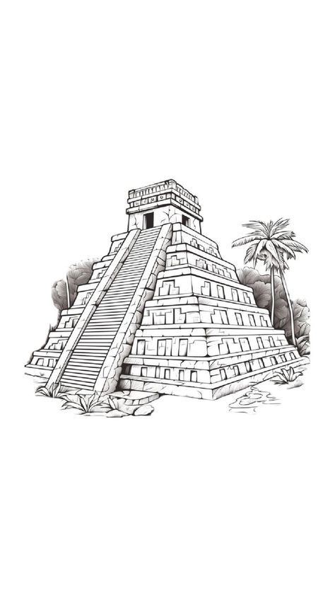 Pyramids Drawing, Pyramid Tattoo, Aztec Pyramids, Jungle Temple, Chicano Art Tattoos, Aztec Art, Tikal, Tattoo Design Book, Chicano Art