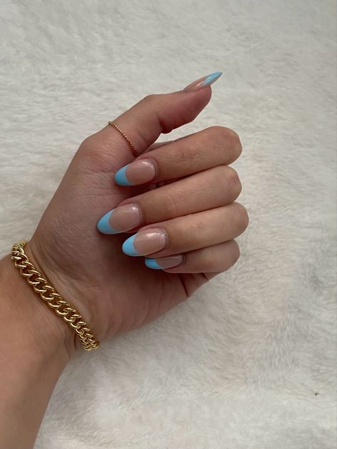 Baby Blue French Tip, Almond French Tips, French Tip Almond, Blue French Tip, Blue French Tips, School Nails, Blue French, French Tips, French Tip Nails