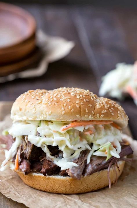 Slow Cooker Beef Sandwiches with Horseradish Coleslaw - I Heart Eating Horseradish Coleslaw Recipe, Slow Cooker Beef Sandwiches, Horseradish Coleslaw, Recipe For Pulled Pork, Slow Cooker Pulled Pork Sandwiches, Coleslaw Sandwich, Pulled Pork Sandwiches, Beef Sandwiches, Pork Sandwiches