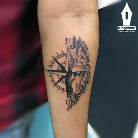 Wolf And Compass Tattoo Men, Wolf Compass Tattoo Design, Wolf Men Tattoo, Tattoo For Biceps Men, Compass Wolf Tattoo, Wolf Band Tattoo, Tattoo Design For Men Leg, Compass Tattoo Design Men Forearm, Wolf And Compass Tattoo