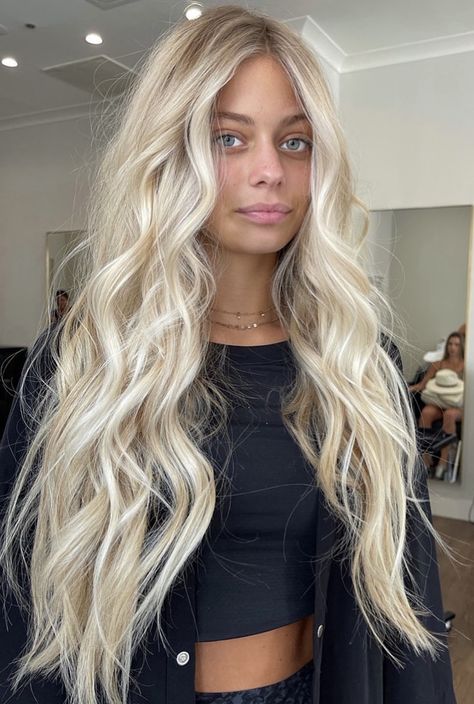 Curled Blonde Hair Long, Platinum Blonde With Extensions, Beach Blonde Highlights On Blonde Hair, Hair Extensions 22 Inch, Curled Long Blonde Hair, Beachy Platinum Blonde Hair, Long Blonde Hair 2023, Platinum Blonde Dimensional Hair, Bright Beachy Blonde