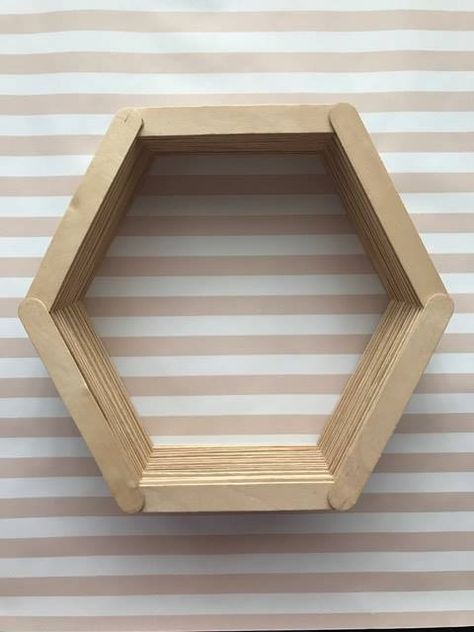 Wooden Popsicle Sticks Crafts, Popsicle Stick Shelf, Popsicle Stick Honeycomb, Honey Comb Diy Popsicle Sticks, Honeycomb Popsicle Stick Diy, Popsicle Stick Honeycomb Diy, Cupcake Display Diy, Diy Hexagon Shelves Popsicle Sticks, Popsicle Stick Hexagon Shelf