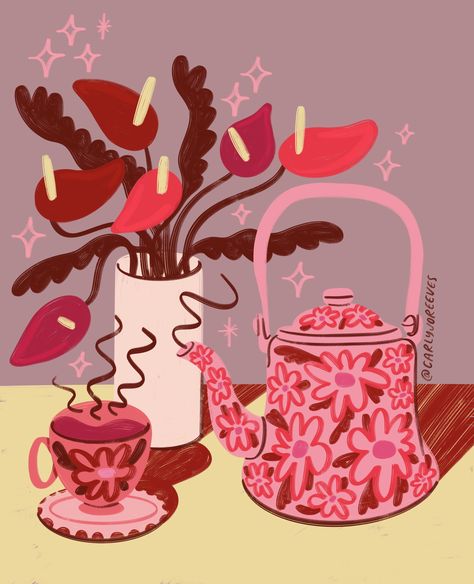 artwork by @carlyjoreeves ​​​​​​​​​ #Illustration #Artwork #DigitalArt #Drawing #ArtOfTheDay #IllustrationArt #ArtInspiration #CreativeProcess #ArtistOnPinterest #VisualArt #ArtGallery #IllustrationOfTheDay #ArtCommunity #InstaArt #ArtisticExpression #Sketchbook #IllustrationArtist #art #tea #tealover #herbaltea #flowers #laceleaf Tea Set Illustration, Tea Pot Illustration, Tea Artwork, Teapot Illustration, Teacup Art, Stage Ideas, Luxury Paints, Flowers Illustration, Book Illustration Art