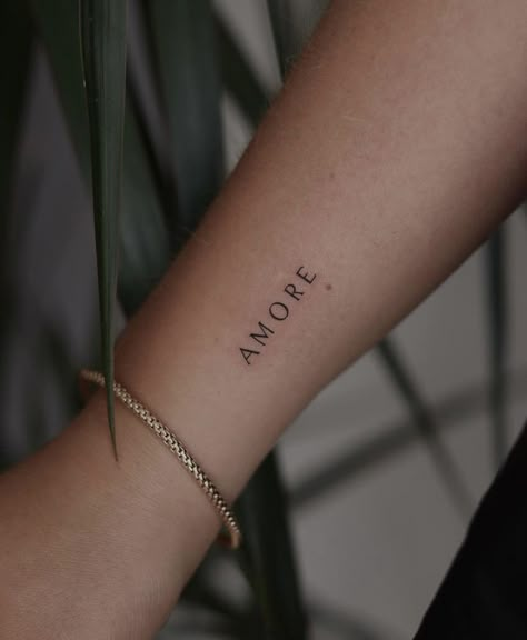 Italian Font Tattoo, Tiny Italy Tattoo, Simple Italian Tattoos, Amore Tattoo Italian, Amor Font Tattoo, Italian Word Tattoos, Italian Sayings Tattoos, Greek Tattoos For Women, Rome Inspired Tattoos