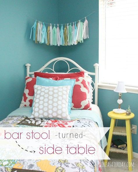 Non-Traditional Bedside Tables with Happily Ever After, Etc. Small Bedside Table Ideas, Bedside Table Ideas, Traditional Bedside Tables, Small Bedside, Small Bedside Table, Rope Shelves, Room Update, Small Side Table, Table Ideas