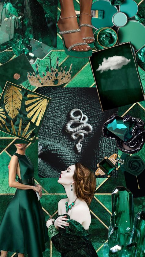 Emrald Green Aesthetics, Snake Moodboard Aesthetic, Verde Esmeralda Aesthetic, Emerald Gemstone Aesthetic, Gold Moodboard Aesthetic, Snake Collage, Gold Moodboard, Mafia Woman, Emerald Aesthetic