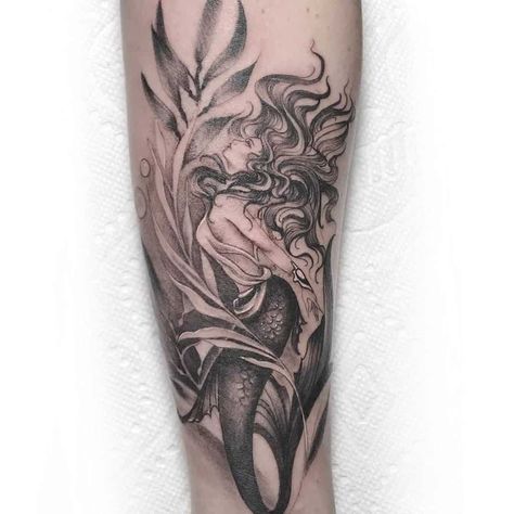 Mermaid In Net Tattoo, Mermaid Calf Tattoo, Mermaid Ocean Tattoo, Mermaid Tattoo Leg, Mermaid Tattoo Designs Sirens, Mermaid Tattoo For Men, Mermaid Sleeve Tattoos For Women, Mermaid Tattoo Sleeve, Mermaid Tattoo Ideas For Women