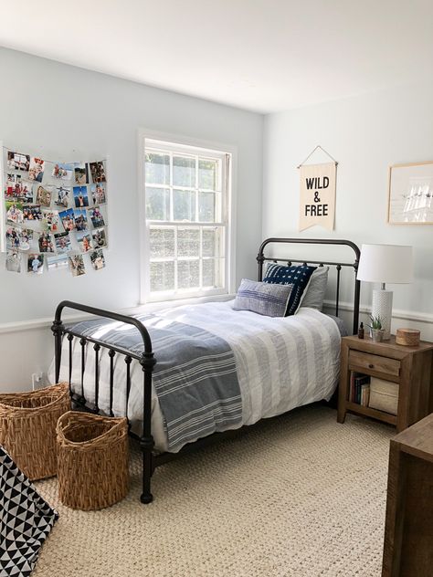 Last week I shared a post that was all about Brian’s room refresh and it was kindly sponsored by Walmart.  I got a few questions asking where specific items in his room were from that I did not get from Walmart so I wanted to share those details in a little part II post.  I went with... View the Post Kids Room Walmart, Black Iron Bed Boys Room, Toddler Bedroom Furniture Boy, Toddler Boy Bedroom Furniture, Boys Bedroom Black Bed, Black Bed Boys Room, Gray Toddler Room Boy, Single Twin Bedroom Ideas, Small Bedroom Full Size Bed Layout