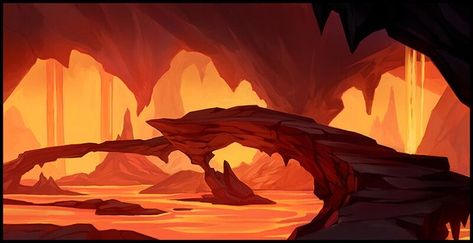 Lava Landscape Art, Lava Lake Art, Fantasy Lava Landscape, Lava Environment Concept Art, Fire Environment Concept Art, Lava Cave Concept Art, Lava Concept Art, Lava Kingdom, Lava Drawing