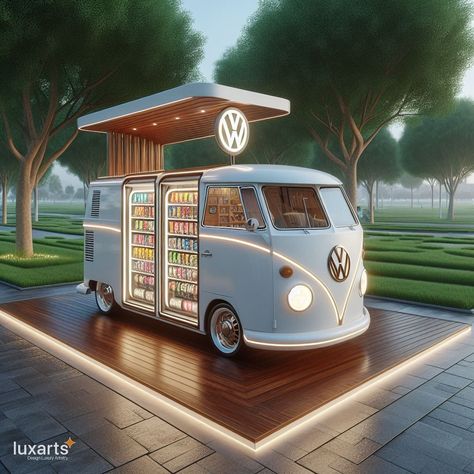 Volkswagen Bus Shaped Vending Machine 🚌🥤🍬 #VWBusVending #RetroRefreshments #AutomotiveConvenience Quench your thirst for nostalgia with the Volkswagen Bus Shaped Vending Machine. This unique and eye-catching dispenser not only serves up your favorite refreshments but also pays homage to the iconic design of the classic VW Bus. Elevate your vending experience with the Volkswagen Bus Shaped Vending Machine, where every beverage and snack retrieval becomes a stylish journey through the retro aut... Cool Vending Machine Ideas, Vending Machine Design, Pride 2024, Art Funky, Fun Furniture, Lake Food Ideas, Van Ideas, Food Truck Design, Kitchen Things