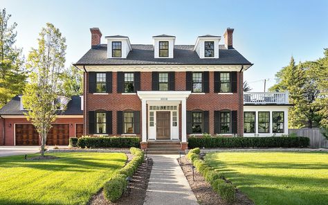 Red Brick House White Shutters, Red Brick Black Windows, Brick Colonial House Exterior, Red Brick Colonial, Brick Colonial House, Brick Colonial, Colonial House Exteriors, White Shutters, Exterior House Remodel