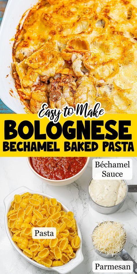 Dive into the ultimate cheesy delight with our Baked Pasta with Béchamel and Bolognese. A quick, yet luxurious meal that combines smooth béchamel sauce, savory bolognese, and melted parmesan cheese. Ready in just 35 minutes, it’s an easy way to bring gourmet flavors to your dinner table on any weeknight. Baked Ziti With Bechamel Sauce, Borsine Cheese Pasta Baked, Bechamel Pasta Bake, Bechamel Pasta, Bechamel Sauce Pasta, Cheesy Baked Pasta, Baked Pasta Casserole, Pasta Cup, Cheesy Pasta Bake