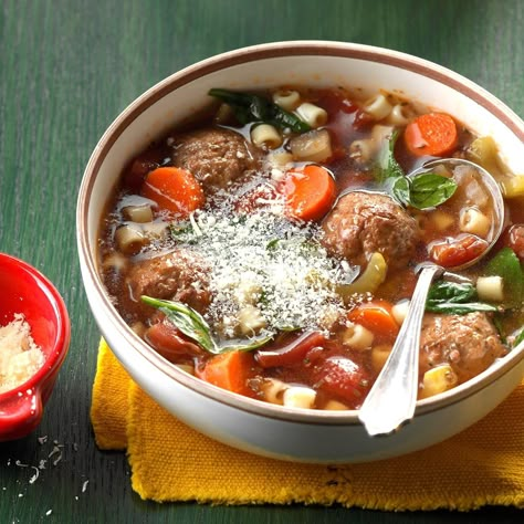 Slow-Cooked Meatball Soup Soup Recipe Slow Cooker, Frozen Meatball Recipes, Mexican Meatball Soup, Italian Meatball Soup, Meatball Soup Recipes, Recipe Slow Cooker, Hearty Soup Recipes, Slow Cooker Meatballs, Vegetable Beef Soup