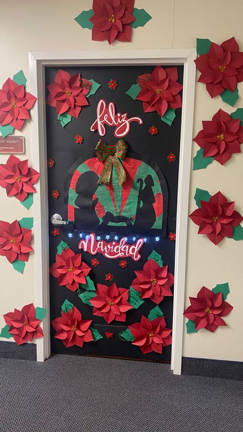 Poinsettia Bulletin Board, Spanish Christmas Door Decor For School, Feliz Navidad Door Decorations, Spanish Christmas Door Decorations, Feliz Navidad Classroom Door, Christmas In Mexico Classroom Door, Spanish Christmas Bulletin Board, Award Winning Christmas Classroom Doors, Spanish Class Christmas Door