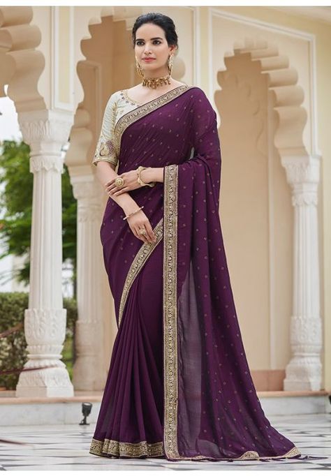 Burgundy Silk Saree with Embroidered Blouse Purple Sari, Contemporary Saree, Bollywood Sarees Online, Dori Work, Bollywood Bridal, Purple Saree, Latest Indian Saree, Indian Party, Sarees Silk