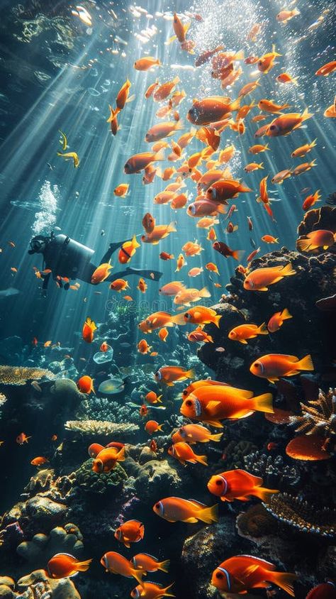 Scuba diver exploring a vibrant coral reef with a school of orange fish illuminated by sunlight rays. World Ocean Day. royalty free stock photograph Ocean Fish Photography, Sea Fish Photography, Coral Reef Aesthetic, Fish Screensaver, Aquarium Wallpaper, Coral Reef Photography, Fish In The Ocean, Orange Ocean, Coral Reef Fish