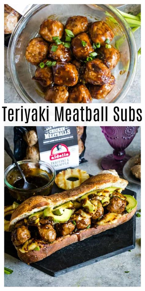 These Teriyaki Meatball Subs will have you hooked on the first bite. Quick to toss together and bursting with unexpected flavor combinations! An unforgettable dinner that will become your new favorite meal! #meatballsub #teriyaki See this and other delicious recipes at TheSeasideBaker.com Teriyaki And Pineapple Meatballs, Aidells Chicken Teriyaki Meatballs Recipes, Aidells Teriyaki Pineapple Meatballs Recipe, Aidells Chicken Meatballs Recipes, Aidells Teriyaki Pineapple Meatballs, Pineapple Teriyaki Meatballs, Teriyaki Pineapple Meatballs, Teriyaki Recipes, Teriyaki Meatballs Recipe