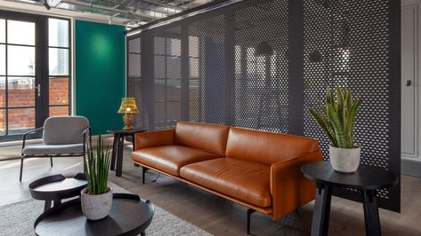 Dezeen promotions: Autex has transformed a roof terrace in London to create a showroom displaying its latest acoustic panel products. Acoustics Design, Work Lounge, Perforated Metal Panel, Office Screens, Metal Room, Interior Office, Acoustic Panel, Showroom Display, Material Board