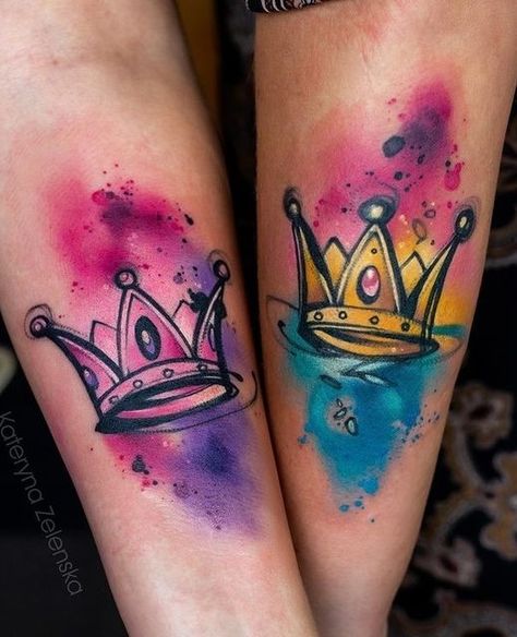 Floral Watercolor Tattoo, Small Watercolor Tattoo, Crown Tattoo Design, Airbrush Tattoo, Couples Tattoo Designs, Queen Tattoo, Matching Couple Tattoos, Tatuaje A Color, Crown Tattoo