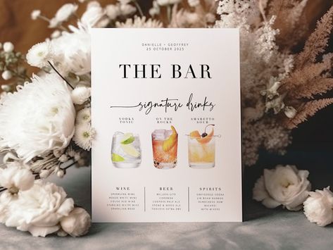 BRIBIE Modern Wedding Bar Signature Drinks Menu, Cocktail Bar Sign Template, Printable Signature Drinks Menu, Templett Instant Download - Etsy Australia Cocktail Bar Sign, Signature Cocktail Menu, Signature Cocktails, Event Template, Cocktails Bar, Vodka Drinks, Text Background, Drink Menu, Signature Drinks