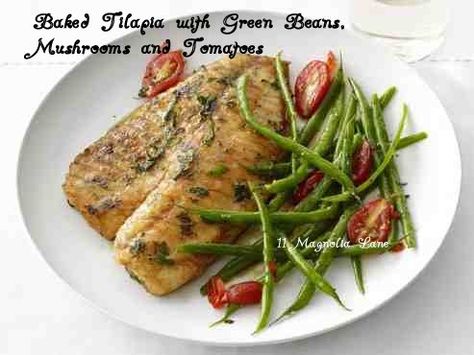 Recipe for baked tilapia with green beans, mushrooms, and tomatoes.  Yummy, easy, and healthy! Tilapia Recipes, Green Bean Recipes, Fish Dishes, Seafood Dishes, Food Network, Weeknight Dinner, Om Nom, Fish Recipes, Savoury Food