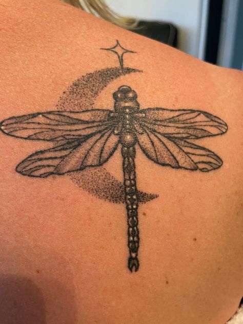 Moon Dragonfly Tattoo, Moon And Dragonfly Tattoo, Dragonfly Moon Tattoo, Fly Me Too The Moon, Dragon Fly Tattoo, Tattoo Fly, Dragonfly Tattoos, Fly Tattoo, Dragonfly Tattoo