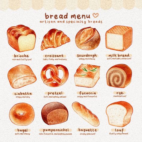 X Japanese Bread Illustration, Illustrated Food Recipes, Bakery Bread Aesthetic, Bakery Illustration Art, Bread Illustration Cute, Breads Illustration, Bread Menu Design, Baked Goods Drawing, Cute Bread Drawings