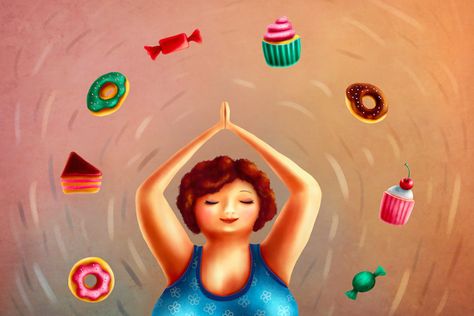 If you want to stop emotional eating, recognize that it started as a symptom of something much larger—perhaps dissatisfaction with your career, finances, or relationships—something you didn’t want to face head on. Eating Illustration, Tiny Buddha, Perfect Diet, Fabric Wall Art, Work Humor, Health And Wellbeing, Perfect Body, Female Artists, Yoga Mat