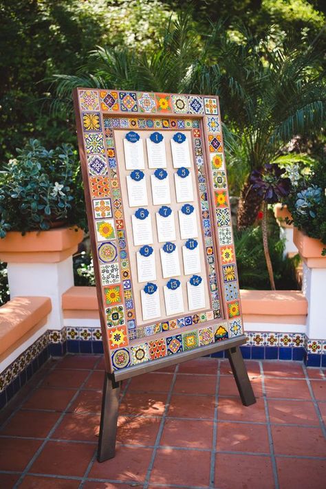 Mexican Tile Decor, Mosaic Wedding Decor, Mexican Wedding Seating Chart, Spanish Villa Wedding Theme, Mexican Wedding Ceremony Decor, Hispanic Wedding Decorations, Mexican Wedding Inspiration, Spanish Style Wedding Reception, Mexican Talavera Wedding