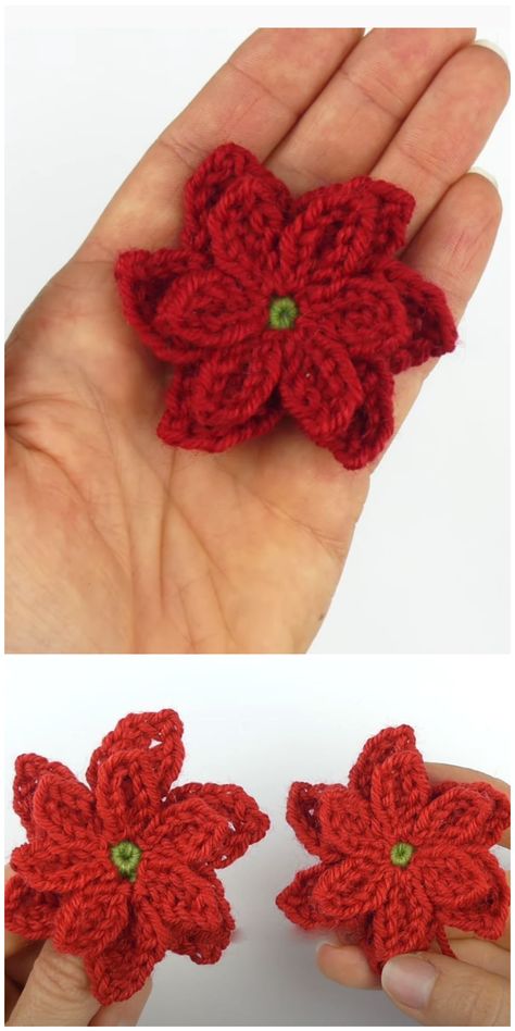 Flowers In The Snow Crochet, Crochet Small Poinsettia Free Pattern, Crochet Ponsietta Flower, Crochet Christmas Brooch Free Pattern, Crochet Poinsettias Free Patterns, Crochet Christmas Flowers Free Pattern, Crochet Poinsettia Free Pattern Easy, Crochet Pointsetta Flower, Christmas Flower Crochet