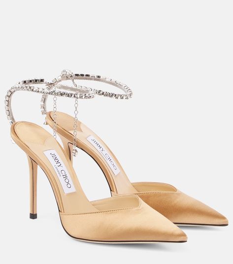 Jimmy Choo Saeda 100, Jimmy Choo Saeda, Ivory Pumps, Grey Pumps, Mid Heels Pumps, Jimmy Choo Heels, Designer Pumps, Satin Pumps, Embellished Sandals