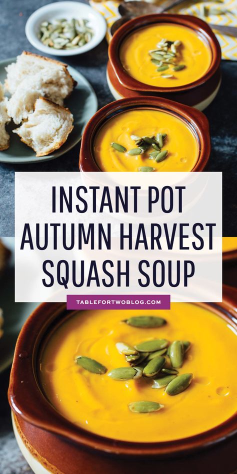 A creamy seasonal soup that you can have year-round. This Instant Pot autumn harvest butternut squash soup is a copycat from Panera that you know and love! #butternutsquash #soup #recipes #souprecipes #panera #paneracopycat #squashrecipes #falleats Butter Squash Recipe, Autumn Squash Soup Recipe, Panera Autumn Squash Soup, Squash Soup Recipe, Instant Pot Soup Recipes, Instant Pot Soup, Instant Pot Dinner Recipes, Squash Soup, Butternut Squash Soup