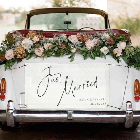 Modern Minimal Just Married Mr and Mrs Wedding Car Banner Just Married Decorations House, Just Married Cans On Car Diy, Just Married Getaway Car, Diy Just Married Sign For Car, Just Married Sign For Car, Just Married Sign, Car Banner, Mr And Mrs Wedding, Free Birthday Invitation Templates