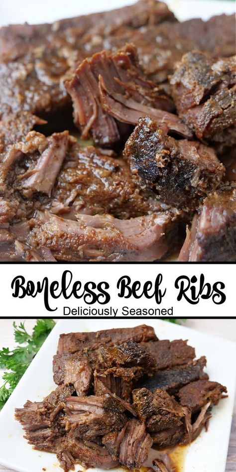 A double photo collage of beef ribs. Oven Baked Boneless Beef Ribs, Beef Boneless Ribs In The Oven, Boneless Beef Short Rib Recipes Oven, Beef Chuck Style Ribs Boneless, Boneless Beef Ribs In The Oven, Beef Chuck Ribs Recipe, Chuck Ribs Recipe, Boneless Short Ribs Recipe, Boneless Beef Ribs Recipe