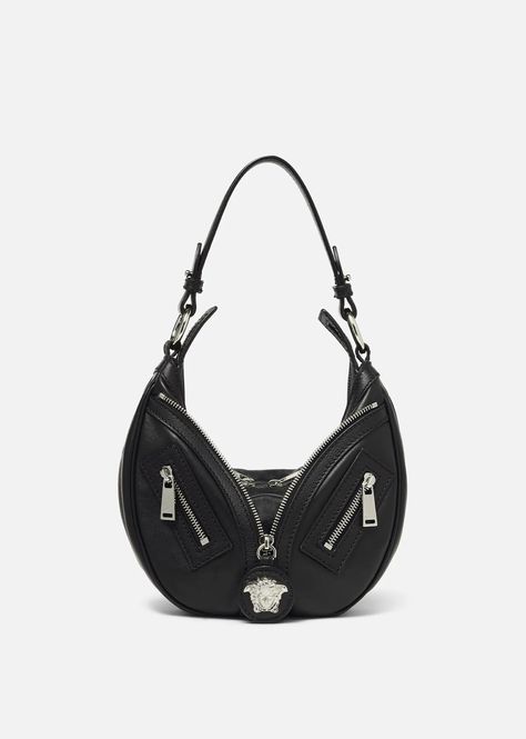 Versace Women's Repeat Small Hobo Bag in black,silver | Versace US Versace Bag, Womens Designer Bags, Versace Bags, Christian Louboutin Women, Leather Hobo Bag, Designer Shoulder Bags, Strap Tops, Leather Hobo, Leather Items