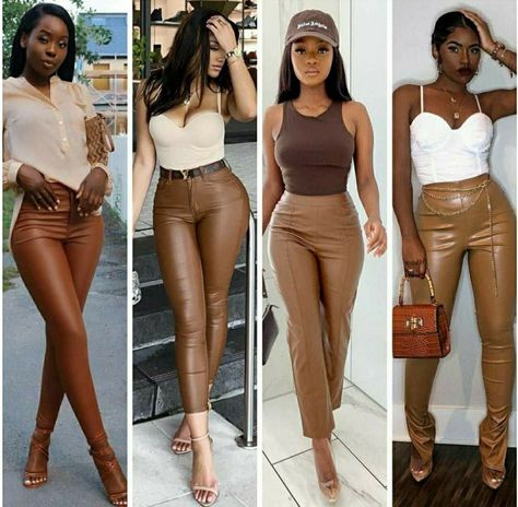 Brown Leather Leggings Outfit Fall, Bronze Pants Outfits, How To Wear Brown Leather Pants, Creme Leather Pants Outfit, Brown Leather Pants Outfit Fall, Caramel Leather Pants Outfit, Taupe Leather Pants Outfit, Styling Brown Leather Pants, Brown Faux Leather Pants Outfit Casual