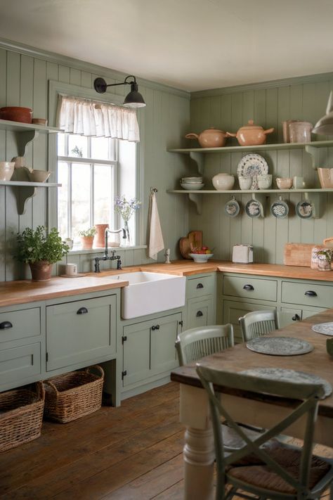 A rustic country kitchen adorned with sage green cabinetry and traditional accents. Light Sage Green Kitchen, Sage Green Cottage, Sage Green Kitchens, Kitchen Upcycle, Vintage Green Kitchen, Green Country Kitchen, Country Kitchen Inspiration, Strawberry Cottage, Green Kitchens