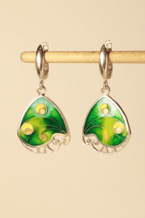 Sterling Silver Cloisonne Enamel Earrings, fine silver Handmade Earrings, Cloisonne Earrings, Dangle Earrings, Georgian Cloisonne, delicate  Earrings, georgian enamel, unique abstract design, enamel jewelry, green and yellow  enamel Guilloche Enamel, Vintage Pierced Enamel Earrings, Ceremonial Enamel Pendant Jewelry, Ornate Ceremonial Enamel Jewelry, Vintage Cloisonne Jewelry, Cloisonne Enamel Jewelry, Cloisonne Earrings, Cloisonne Enamel, Enamel Earrings