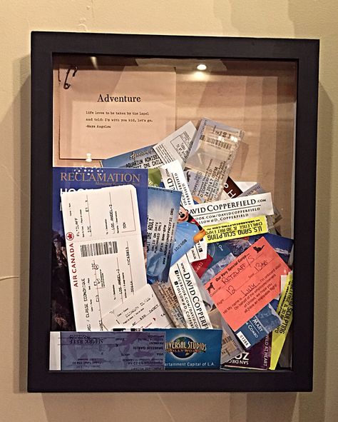 Shadow box filled with ticket stubs, menus and other ephemera. Shadow Box Tickets, Shadow Box Memory Ideas, Ticket Shadow Box Ideas, Ticket Surprise Ideas, Travel Shadow Box Ideas, Ticket Stub Ideas, Travel Shadow Box, Ticket Shadow Box, Shadow Box Diy